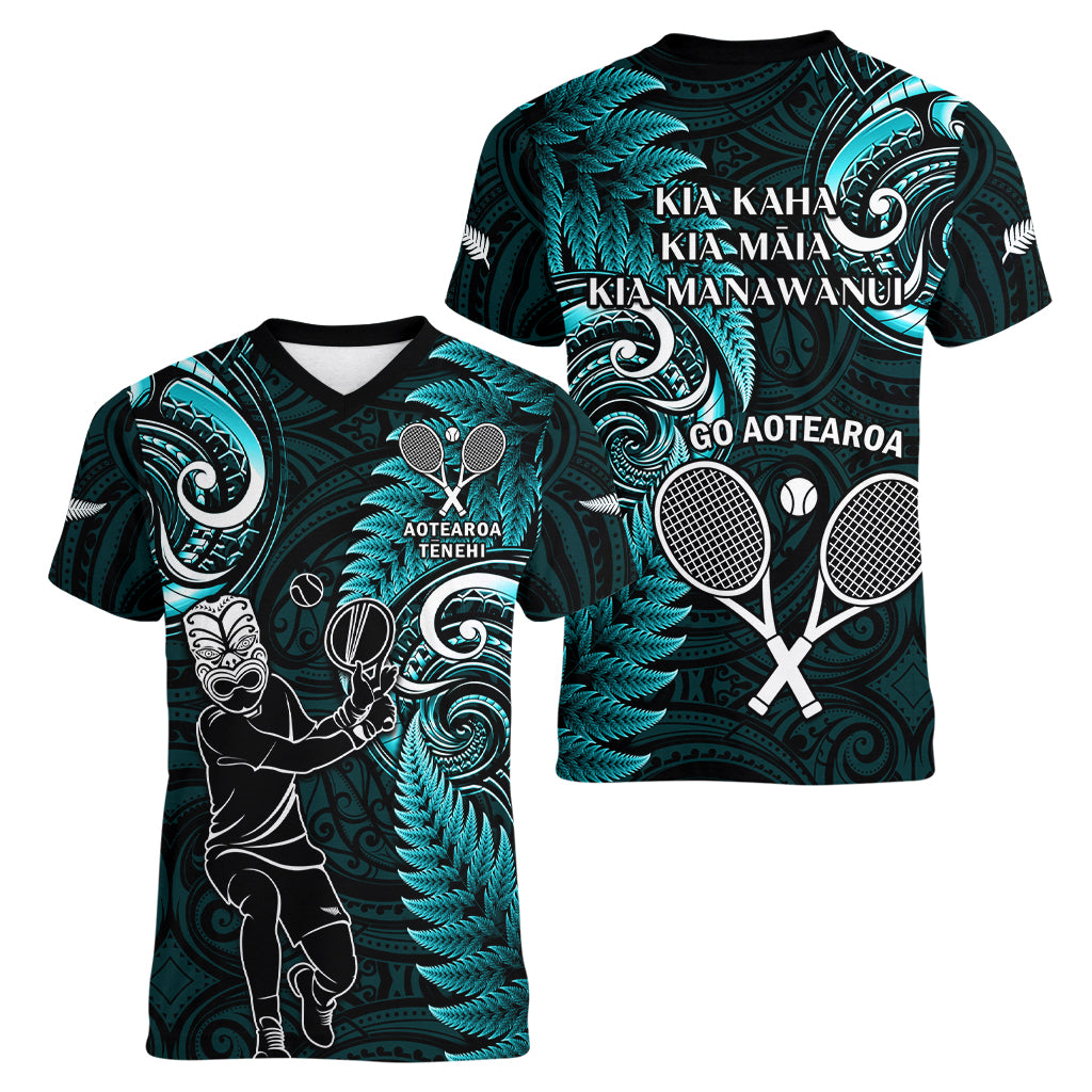 New Zealand Tiki Tennis Women V Neck T Shirt 2024 Aotearoa Tenehi Maori Silver Fern - Turquoise - Vibe Hoodie Shop