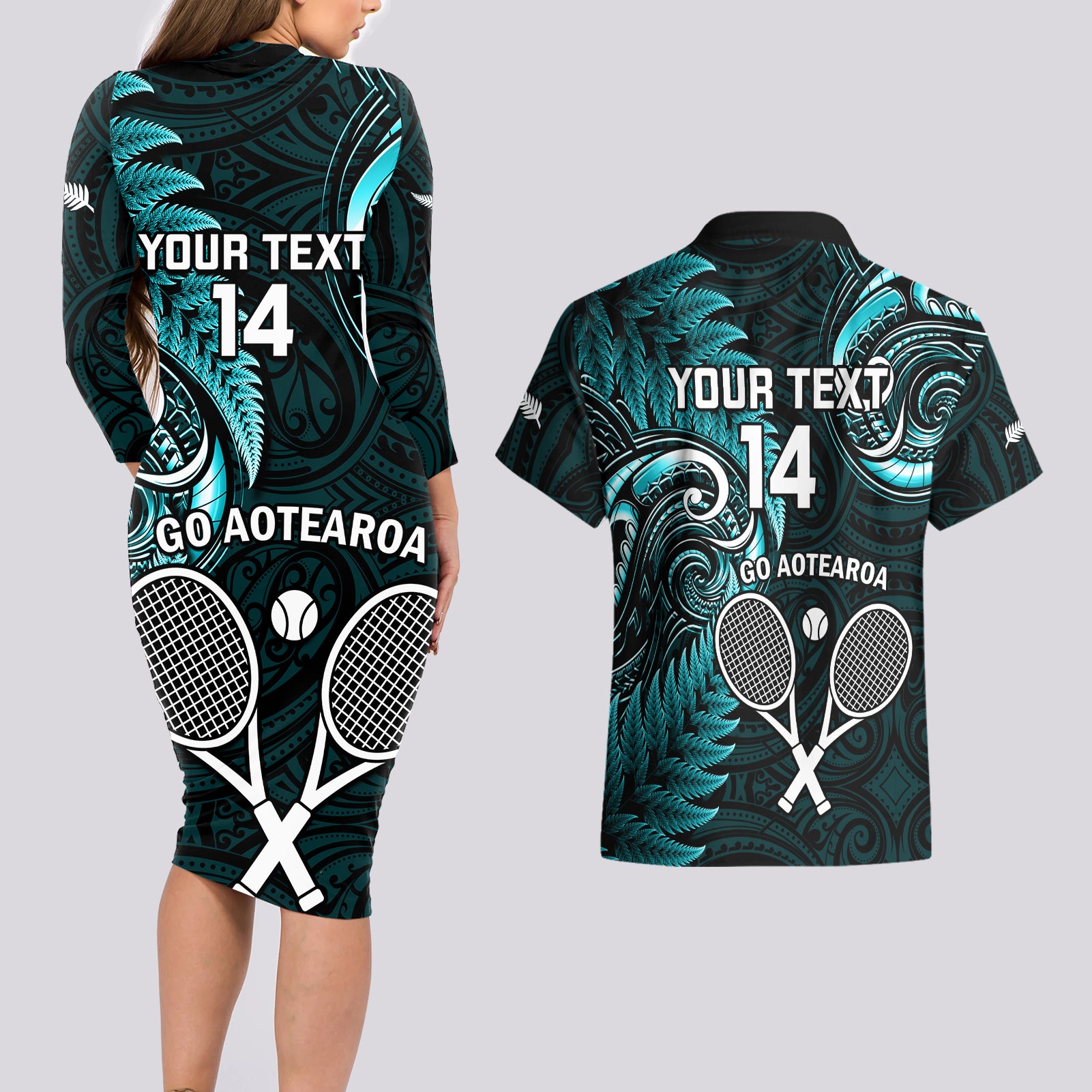 Custom New Zealand Tiki Tennis Couples Matching Long Sleeve Bodycon Dress and Hawaiian Shirt 2024 Aotearoa Tenehi Maori Silver Fern - Turquoise