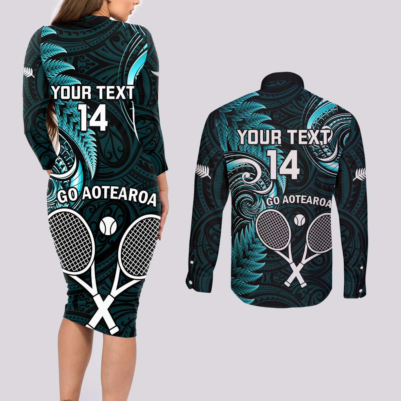 Custom New Zealand Tiki Tennis Couples Matching Long Sleeve Bodycon Dress and Long Sleeve Button Shirt 2024 Aotearoa Tenehi Maori Silver Fern - Turquoise