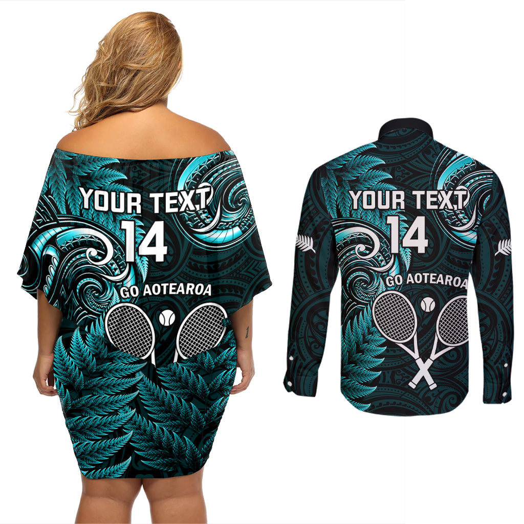 Custom New Zealand Tiki Tennis Couples Matching Off Shoulder Short Dress and Long Sleeve Button Shirt 2024 Aotearoa Tenehi Maori Silver Fern - Turquoise