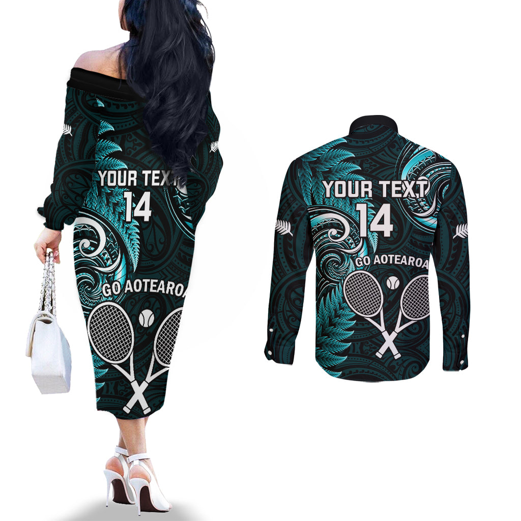 Custom New Zealand Tiki Tennis Couples Matching Off The Shoulder Long Sleeve Dress and Long Sleeve Button Shirt 2024 Aotearoa Tenehi Maori Silver Fern - Turquoise