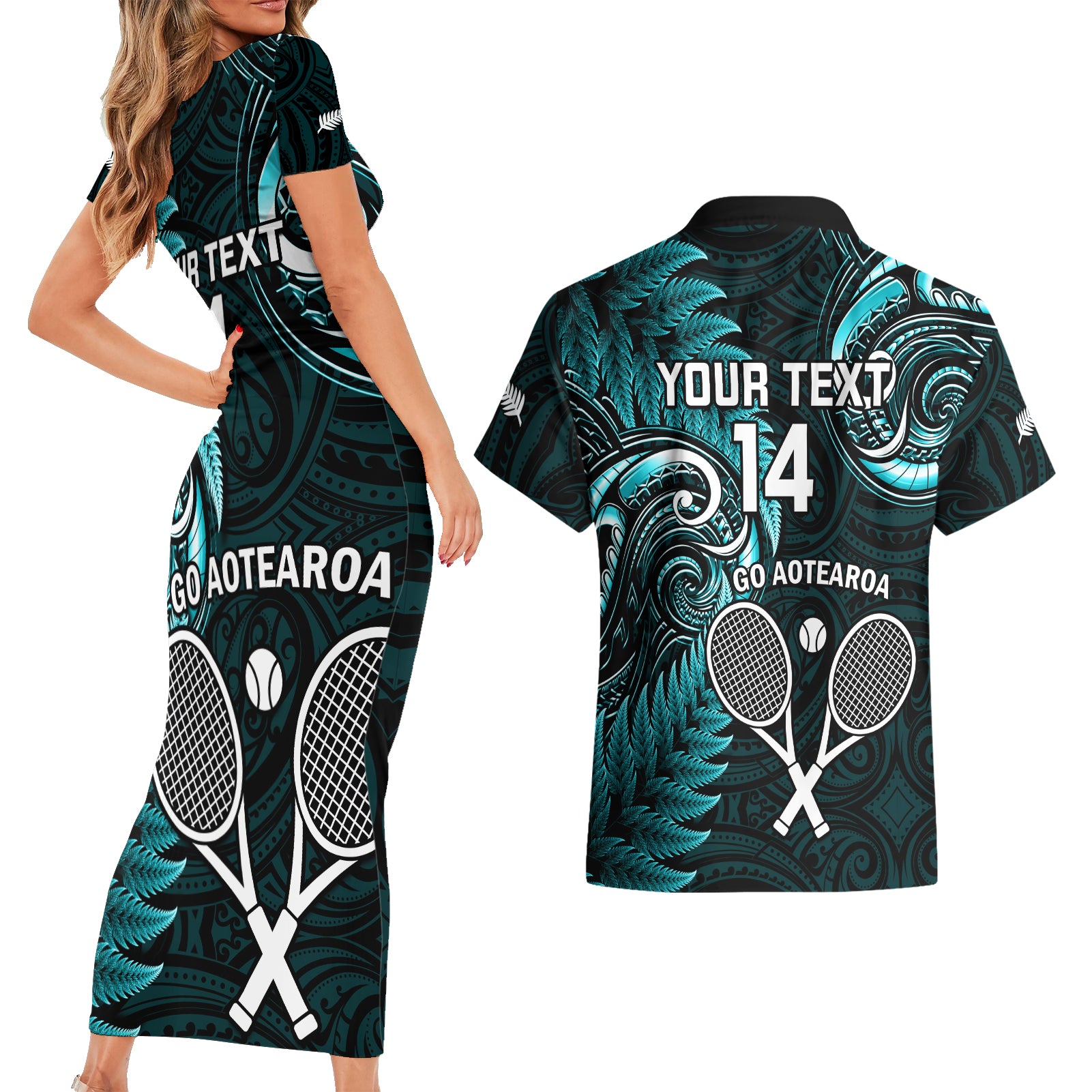 Custom New Zealand Tiki Tennis Couples Matching Short Sleeve Bodycon Dress and Hawaiian Shirt 2024 Aotearoa Tenehi Maori Silver Fern - Turquoise