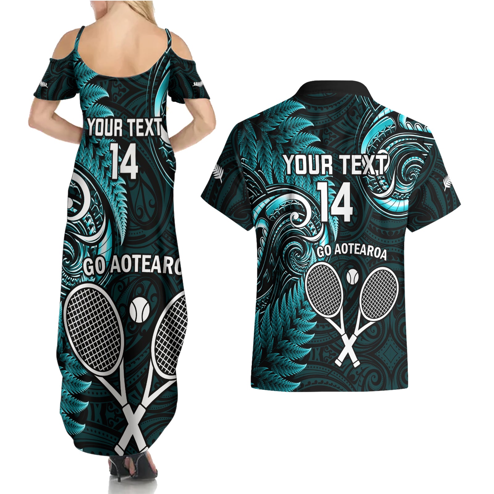 Custom New Zealand Tiki Tennis Couples Matching Summer Maxi Dress and Hawaiian Shirt 2024 Aotearoa Tenehi Maori Silver Fern - Turquoise