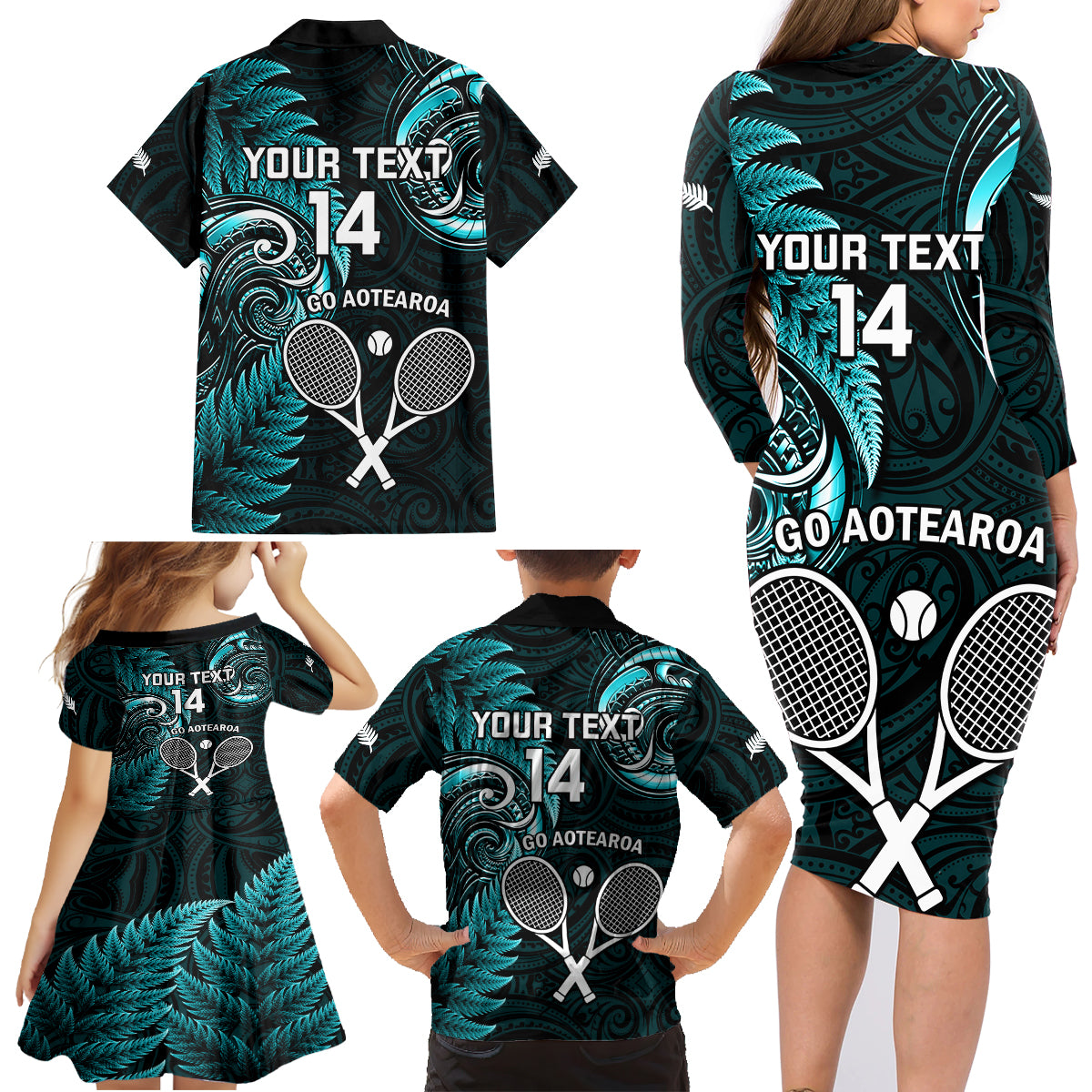 Custom New Zealand Tiki Tennis Family Matching Long Sleeve Bodycon Dress and Hawaiian Shirt 2024 Aotearoa Tenehi Maori Silver Fern - Turquoise