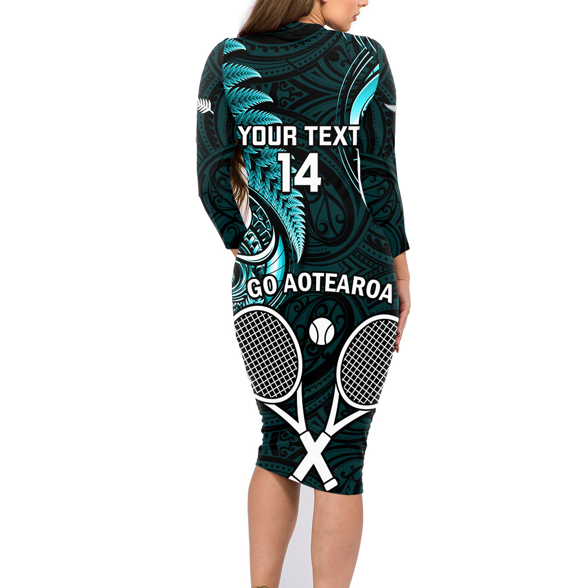 Custom New Zealand Tiki Tennis Family Matching Long Sleeve Bodycon Dress and Hawaiian Shirt 2024 Aotearoa Tenehi Maori Silver Fern - Turquoise