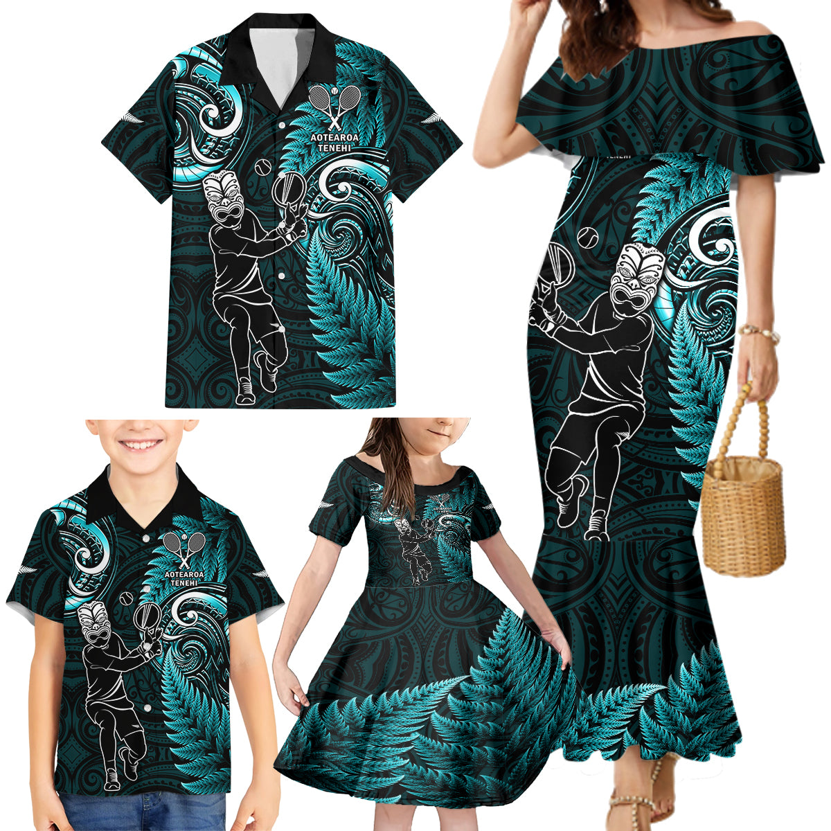 Custom New Zealand Tiki Tennis Family Matching Mermaid Dress and Hawaiian Shirt 2024 Aotearoa Tenehi Maori Silver Fern - Turquoise