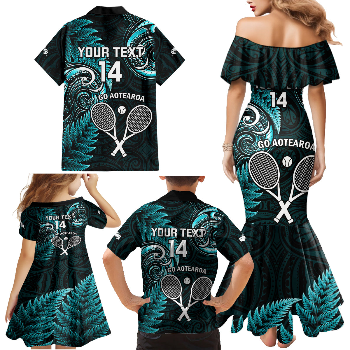 Custom New Zealand Tiki Tennis Family Matching Mermaid Dress and Hawaiian Shirt 2024 Aotearoa Tenehi Maori Silver Fern - Turquoise