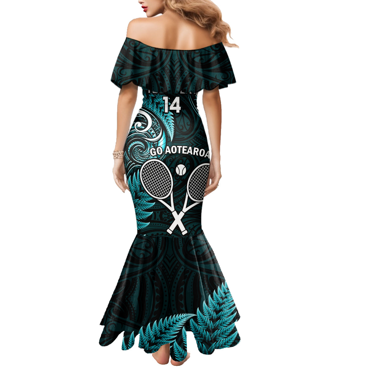 Custom New Zealand Tiki Tennis Family Matching Mermaid Dress and Hawaiian Shirt 2024 Aotearoa Tenehi Maori Silver Fern - Turquoise