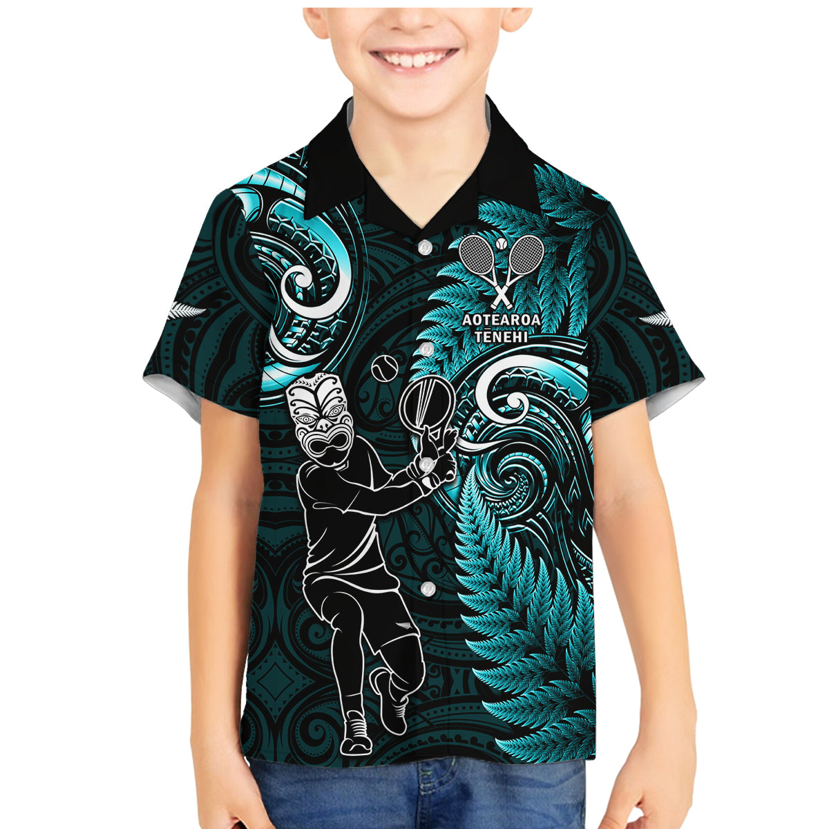 Custom New Zealand Tiki Tennis Family Matching Mermaid Dress and Hawaiian Shirt 2024 Aotearoa Tenehi Maori Silver Fern - Turquoise