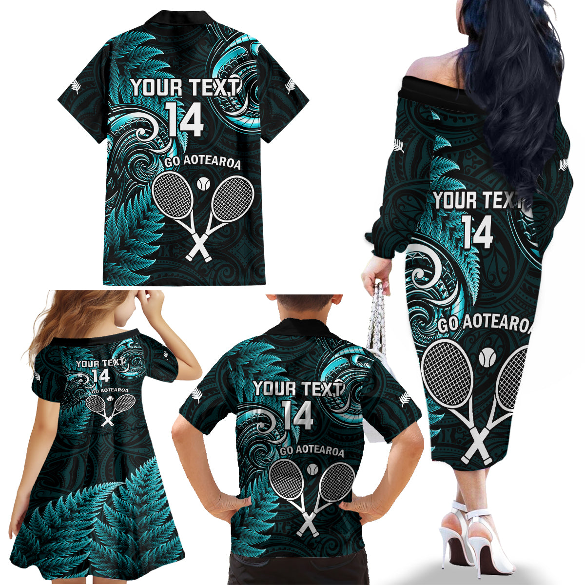 Custom New Zealand Tiki Tennis Family Matching Off Shoulder Long Sleeve Dress and Hawaiian Shirt 2024 Aotearoa Tenehi Maori Silver Fern - Turquoise