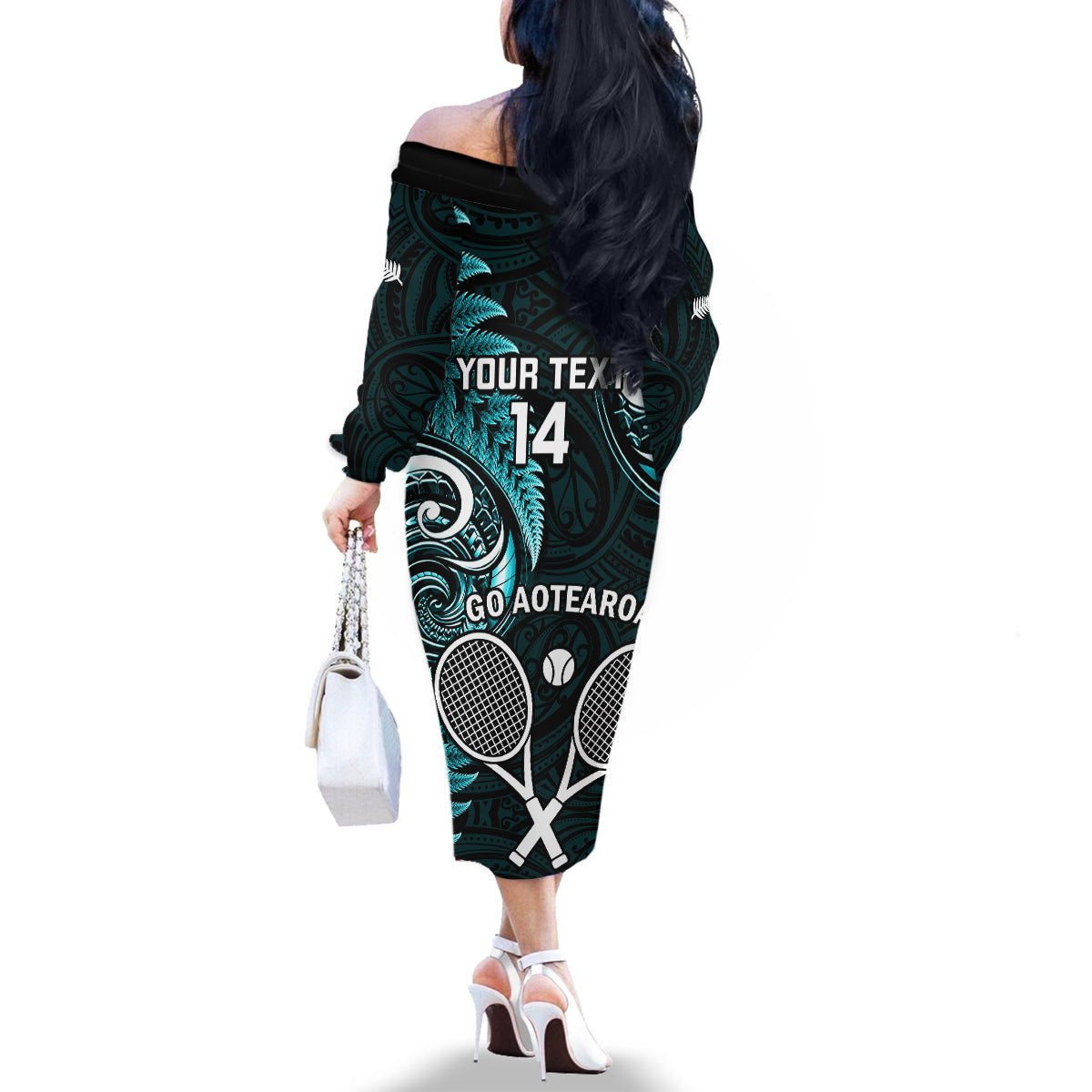 Custom New Zealand Tiki Tennis Family Matching Off Shoulder Long Sleeve Dress and Hawaiian Shirt 2024 Aotearoa Tenehi Maori Silver Fern - Turquoise