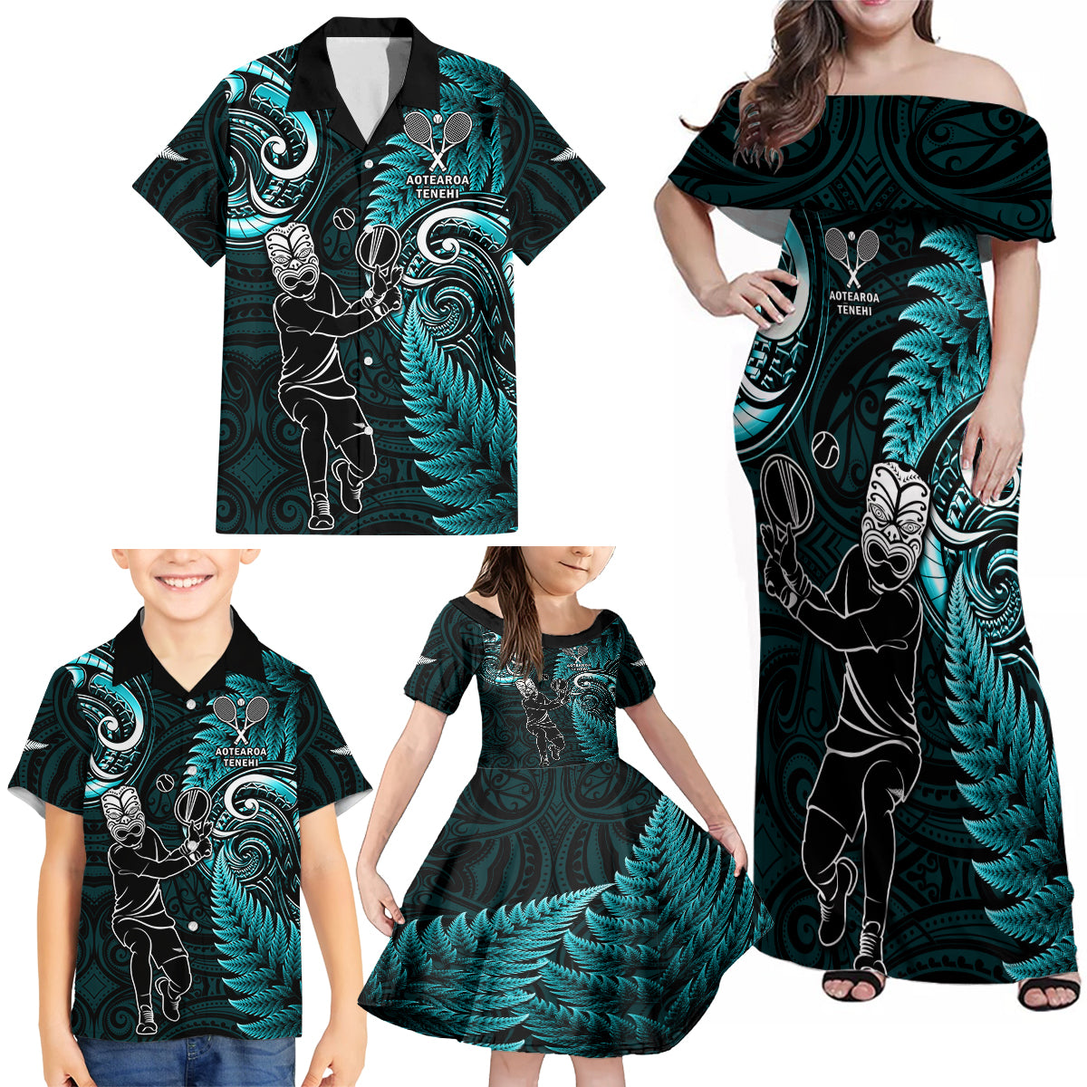 Custom New Zealand Tiki Tennis Family Matching Off Shoulder Maxi Dress and Hawaiian Shirt 2024 Aotearoa Tenehi Maori Silver Fern - Turquoise