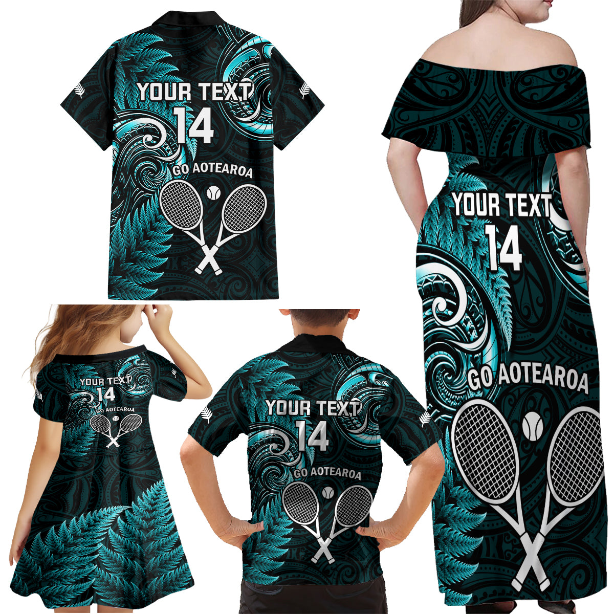 Custom New Zealand Tiki Tennis Family Matching Off Shoulder Maxi Dress and Hawaiian Shirt 2024 Aotearoa Tenehi Maori Silver Fern - Turquoise