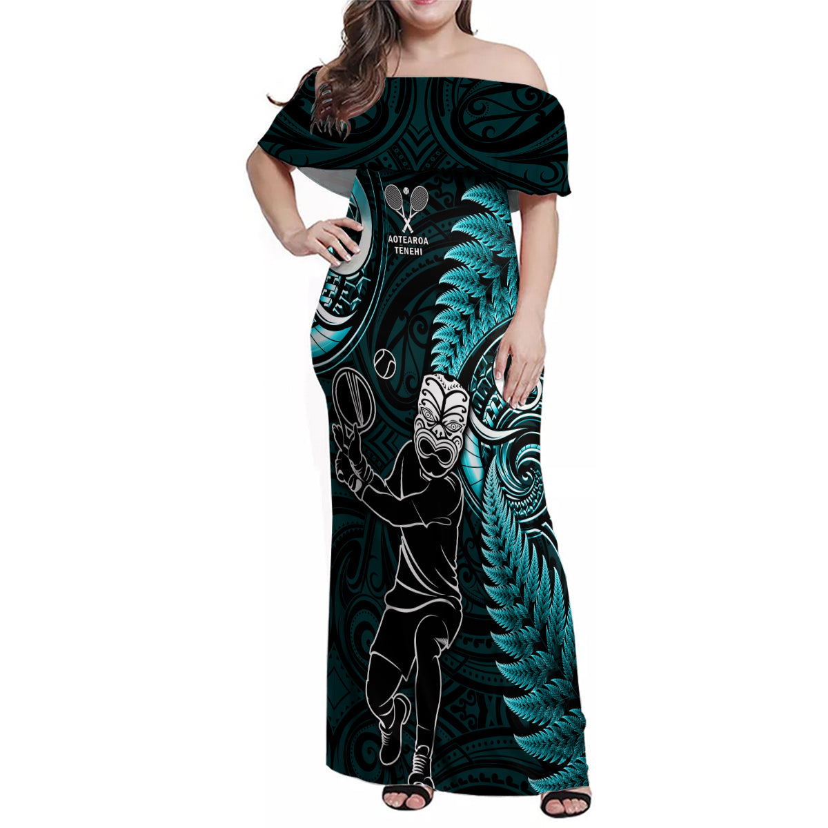 Custom New Zealand Tiki Tennis Family Matching Off Shoulder Maxi Dress and Hawaiian Shirt 2024 Aotearoa Tenehi Maori Silver Fern - Turquoise