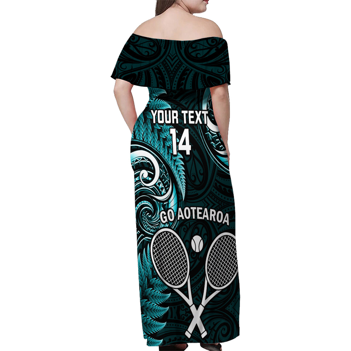 Custom New Zealand Tiki Tennis Family Matching Off Shoulder Maxi Dress and Hawaiian Shirt 2024 Aotearoa Tenehi Maori Silver Fern - Turquoise