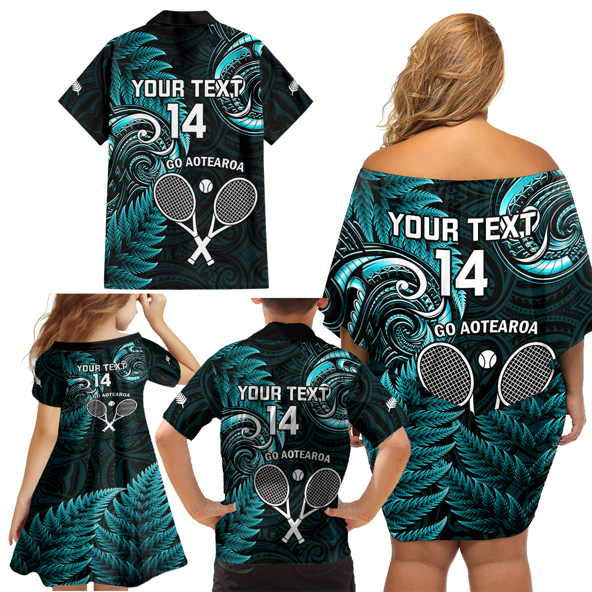 Custom New Zealand Tiki Tennis Family Matching Off Shoulder Short Dress and Hawaiian Shirt 2024 Aotearoa Tenehi Maori Silver Fern - Turquoise