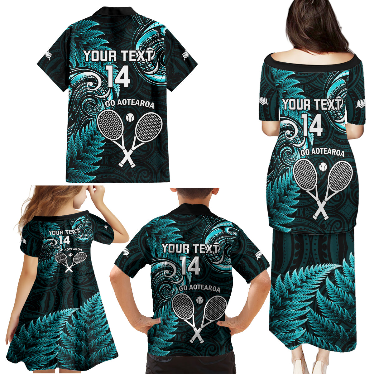 Custom New Zealand Tiki Tennis Family Matching Puletasi and Hawaiian Shirt 2024 Aotearoa Tenehi Maori Silver Fern - Turquoise