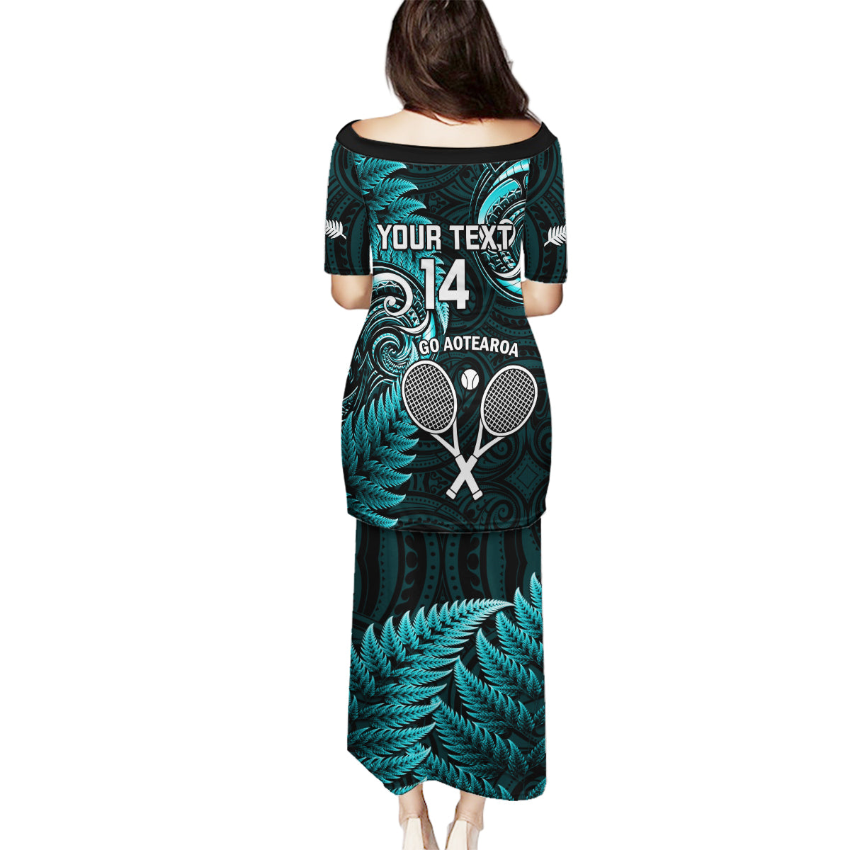 Custom New Zealand Tiki Tennis Family Matching Puletasi and Hawaiian Shirt 2024 Aotearoa Tenehi Maori Silver Fern - Turquoise