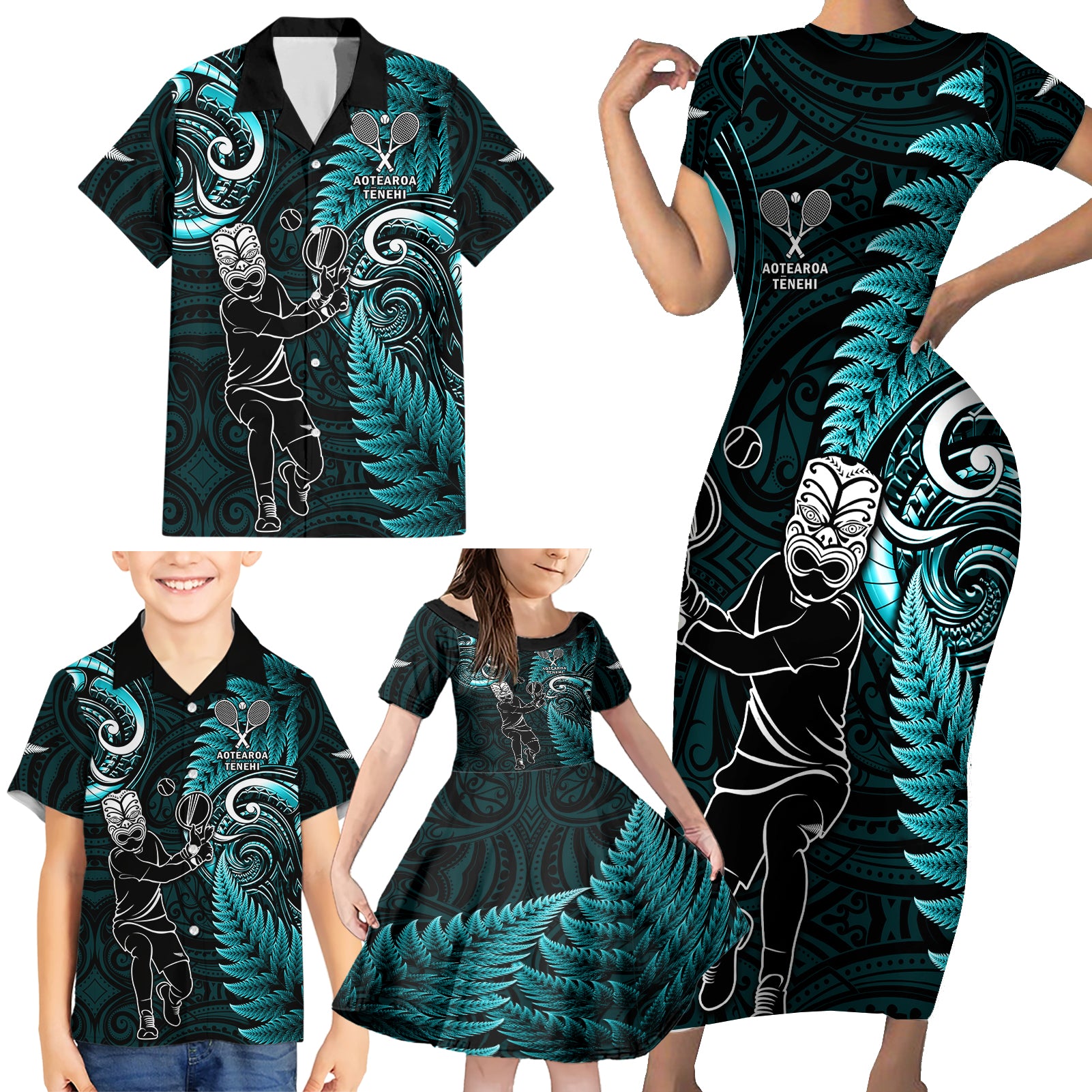 Custom New Zealand Tiki Tennis Family Matching Short Sleeve Bodycon Dress and Hawaiian Shirt 2024 Aotearoa Tenehi Maori Silver Fern - Turquoise