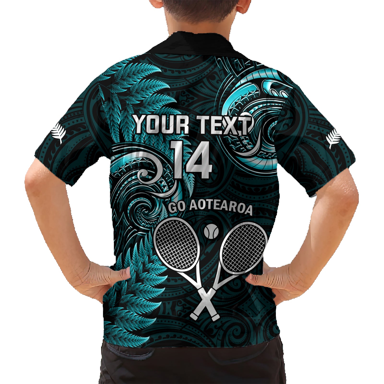 Custom New Zealand Tiki Tennis Family Matching Short Sleeve Bodycon Dress and Hawaiian Shirt 2024 Aotearoa Tenehi Maori Silver Fern - Turquoise