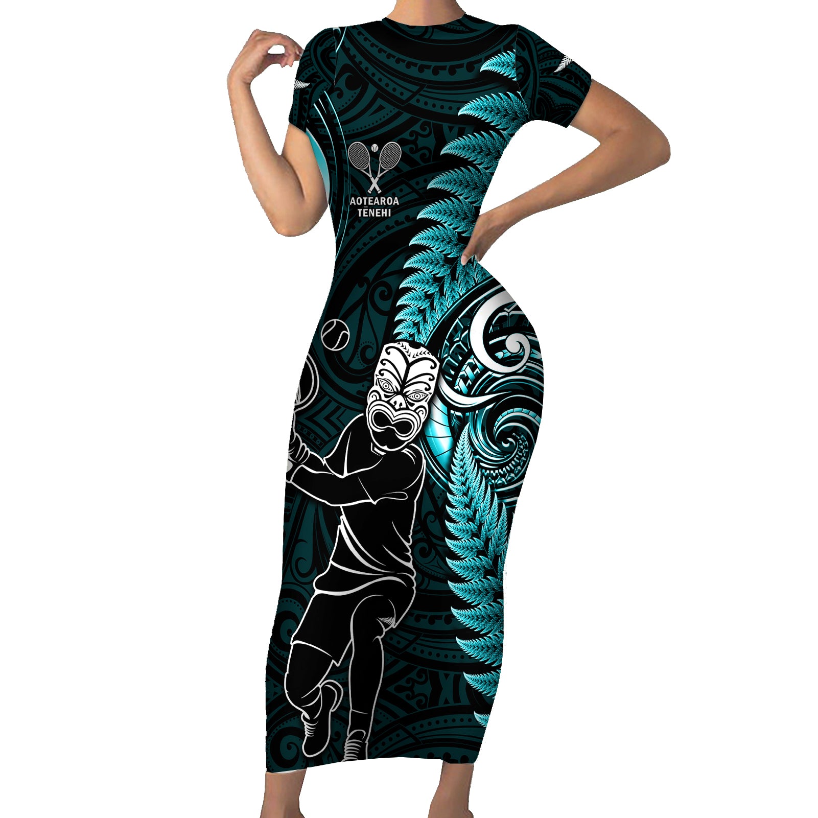 Custom New Zealand Tiki Tennis Family Matching Short Sleeve Bodycon Dress and Hawaiian Shirt 2024 Aotearoa Tenehi Maori Silver Fern - Turquoise