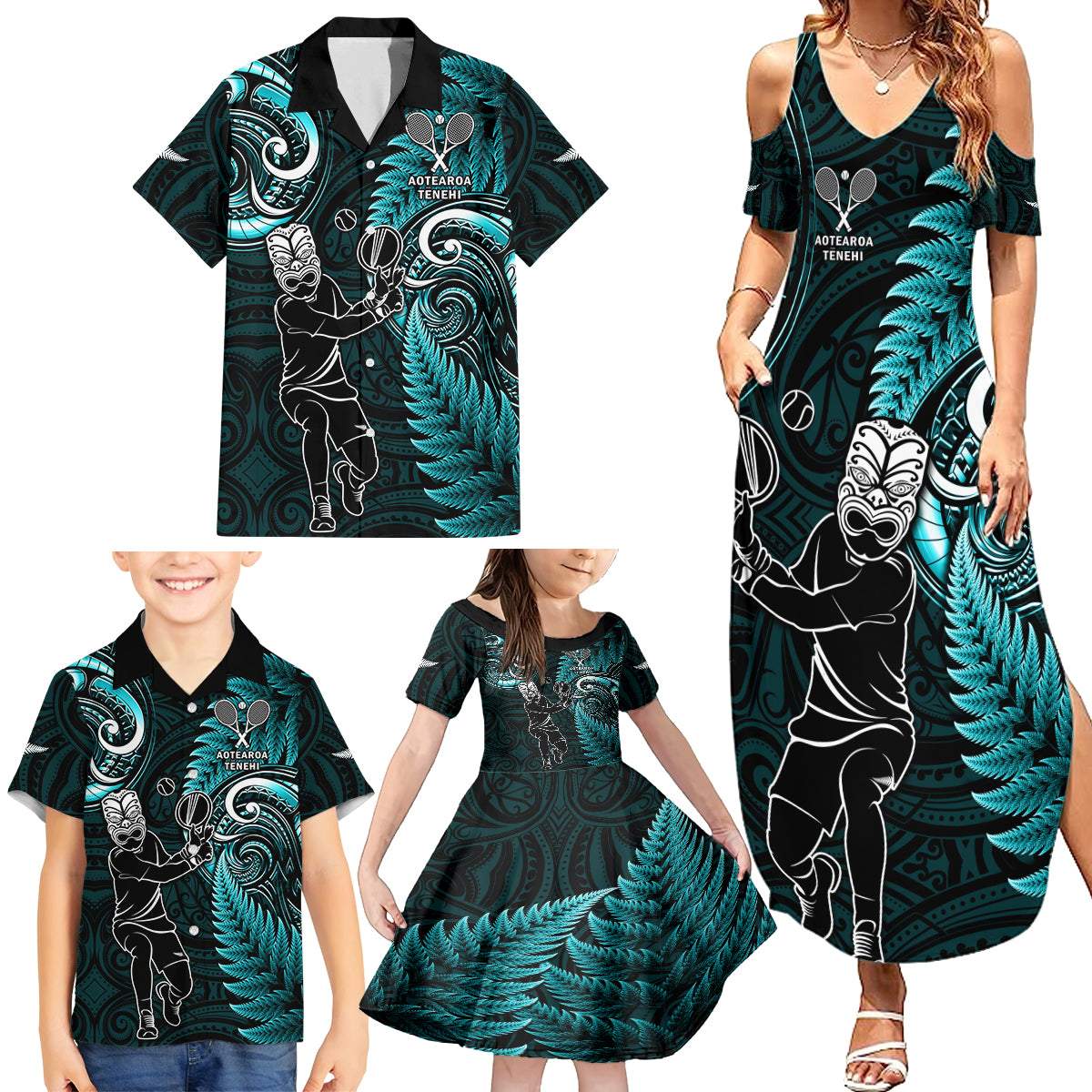 Custom New Zealand Tiki Tennis Family Matching Summer Maxi Dress and Hawaiian Shirt 2024 Aotearoa Tenehi Maori Silver Fern - Turquoise