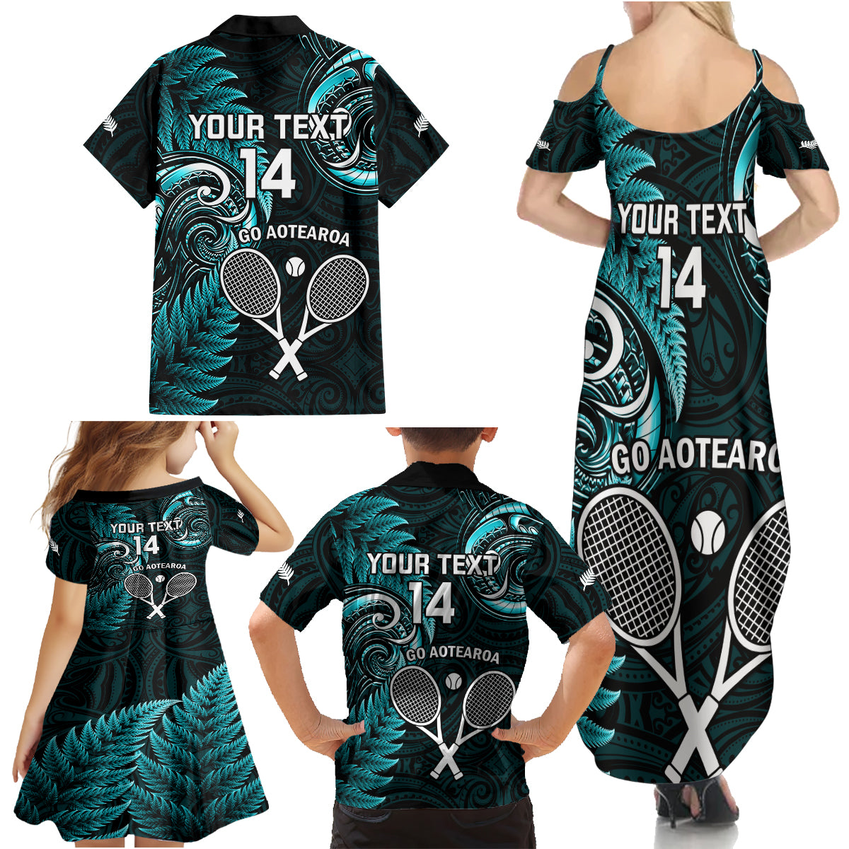 Custom New Zealand Tiki Tennis Family Matching Summer Maxi Dress and Hawaiian Shirt 2024 Aotearoa Tenehi Maori Silver Fern - Turquoise