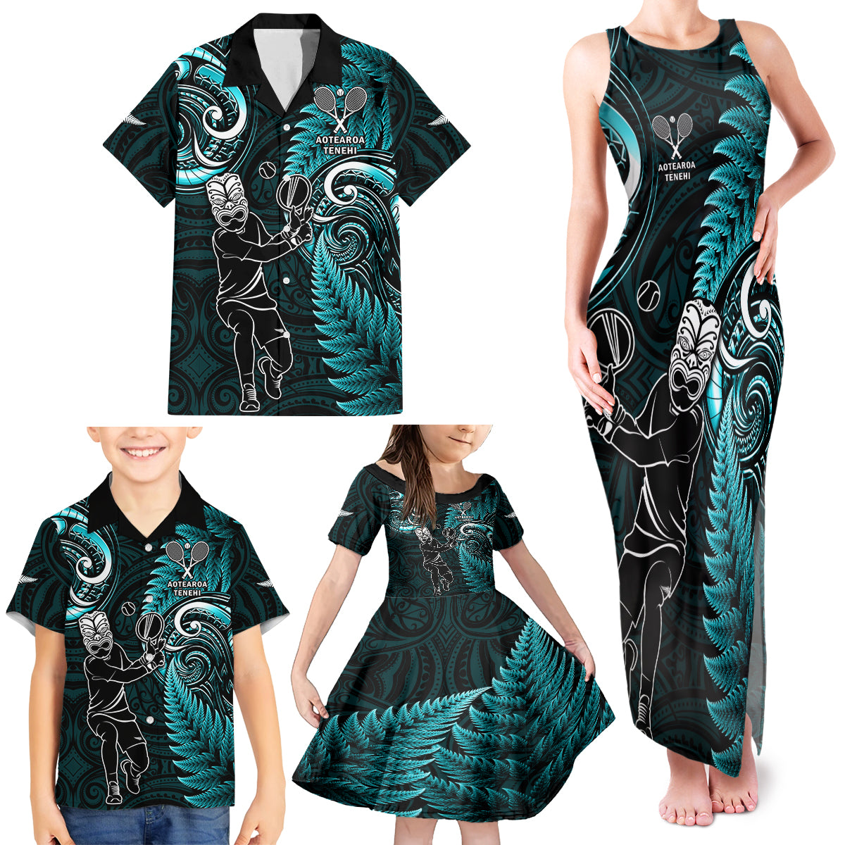 Custom New Zealand Tiki Tennis Family Matching Tank Maxi Dress and Hawaiian Shirt 2024 Aotearoa Tenehi Maori Silver Fern - Turquoise