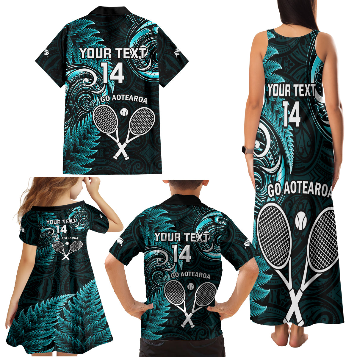 Custom New Zealand Tiki Tennis Family Matching Tank Maxi Dress and Hawaiian Shirt 2024 Aotearoa Tenehi Maori Silver Fern - Turquoise