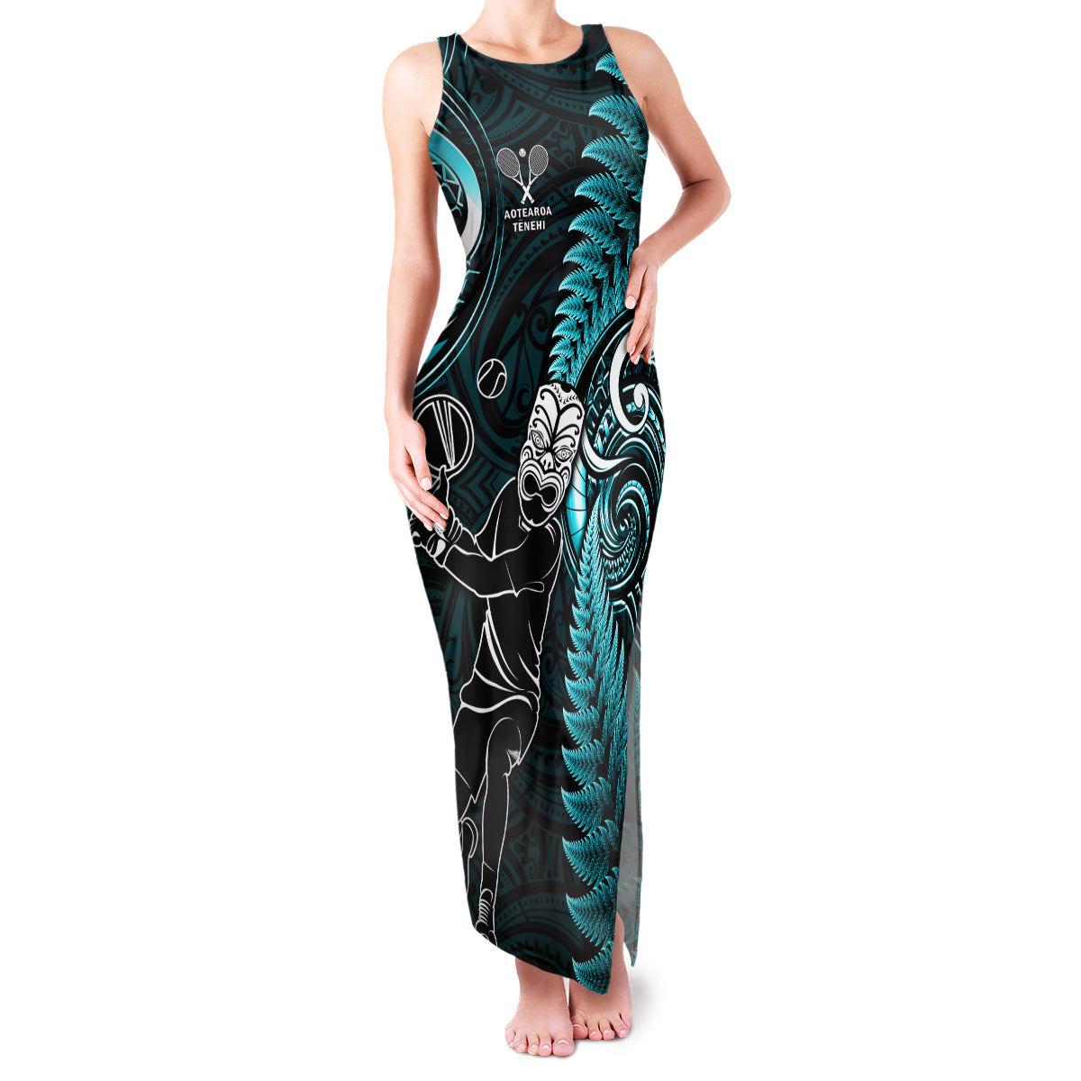 Custom New Zealand Tiki Tennis Family Matching Tank Maxi Dress and Hawaiian Shirt 2024 Aotearoa Tenehi Maori Silver Fern - Turquoise