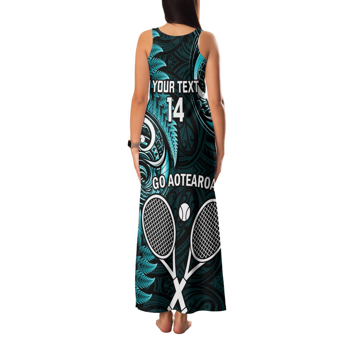 Custom New Zealand Tiki Tennis Family Matching Tank Maxi Dress and Hawaiian Shirt 2024 Aotearoa Tenehi Maori Silver Fern - Turquoise