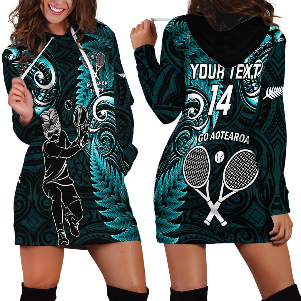 Custom New Zealand Tiki Tennis Hoodie Dress 2024 Aotearoa Tenehi Maori Silver Fern - Turquoise - Vibe Hoodie Shop