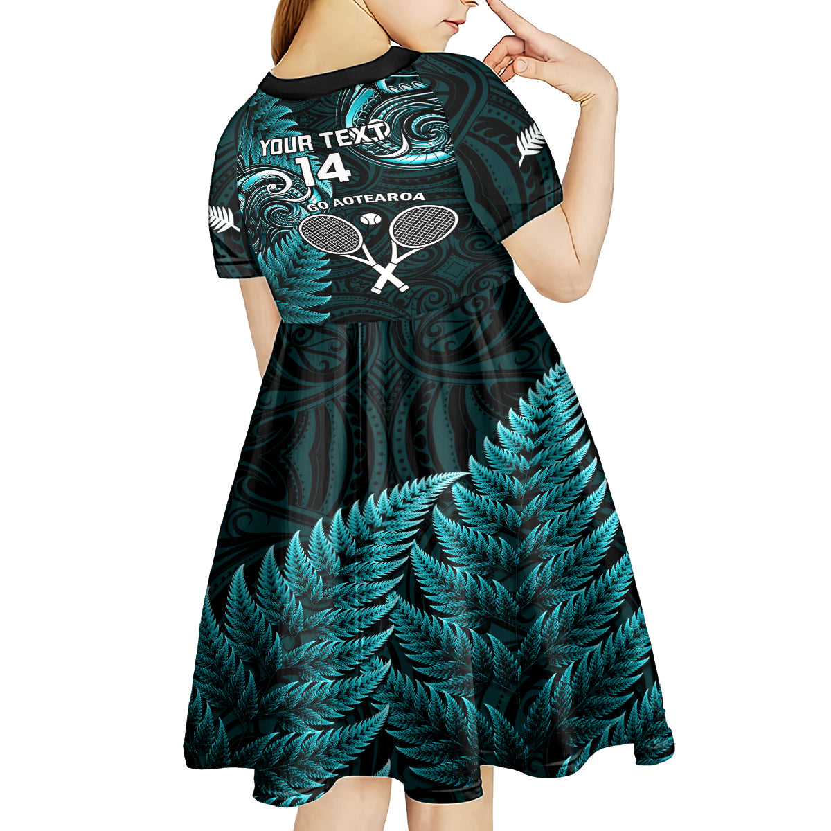 Custom New Zealand Tiki Tennis Kid Short Sleeve Dress 2024 Aotearoa Tenehi Maori Silver Fern - Turquoise - Vibe Hoodie Shop