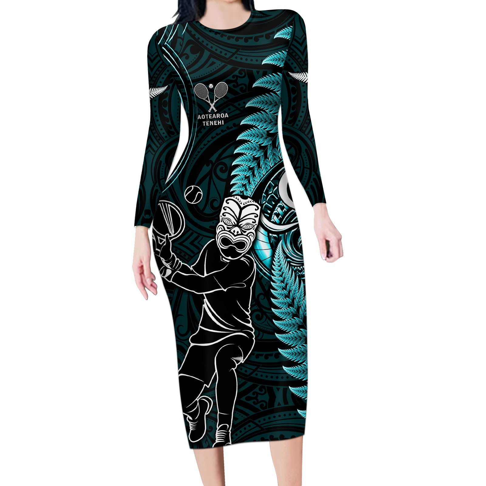 Custom New Zealand Tiki Tennis Long Sleeve Bodycon Dress 2024 Aotearoa Tenehi Maori Silver Fern - Turquoise