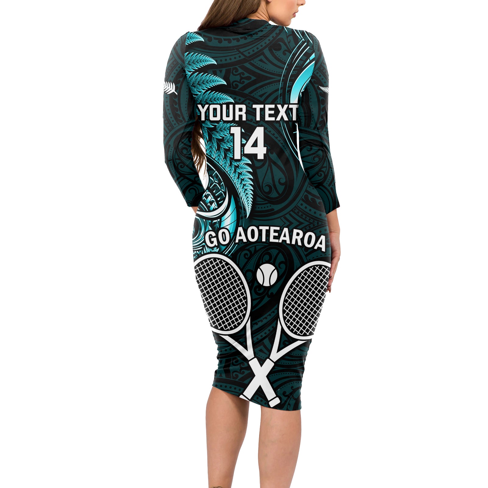 Custom New Zealand Tiki Tennis Long Sleeve Bodycon Dress 2024 Aotearoa Tenehi Maori Silver Fern - Turquoise
