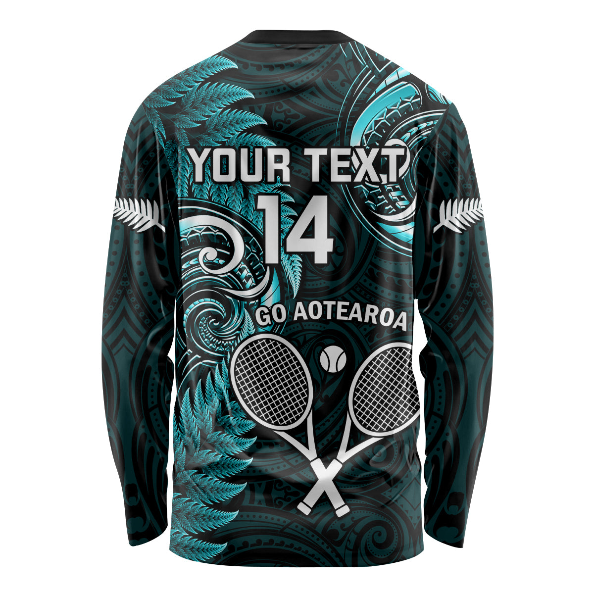 Custom New Zealand Tiki Tennis Long Sleeve Shirt 2024 Aotearoa Tenehi Maori Silver Fern - Turquoise - Vibe Hoodie Shop