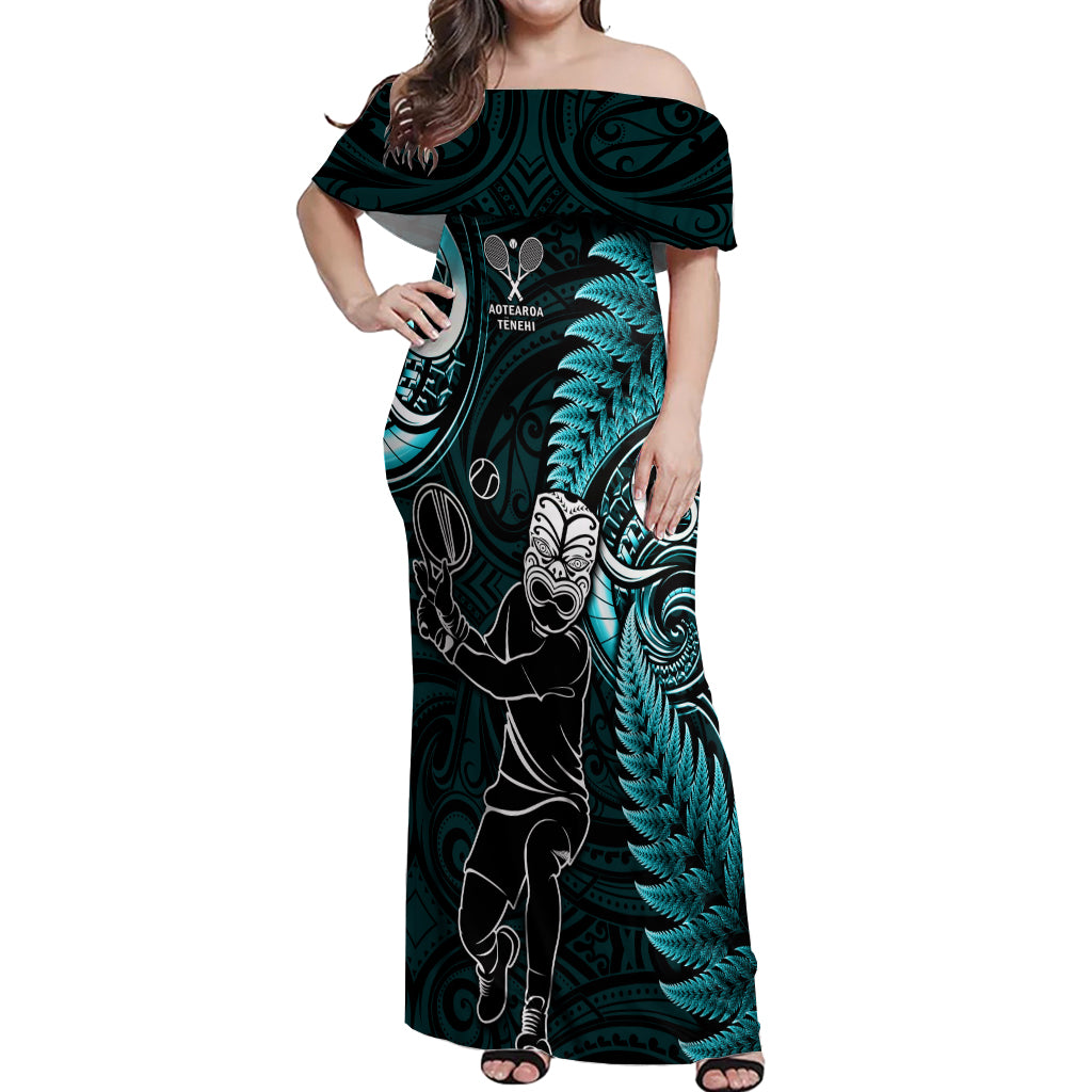 Custom New Zealand Tiki Tennis Off Shoulder Maxi Dress 2024 Aotearoa Tenehi Maori Silver Fern - Turquoise