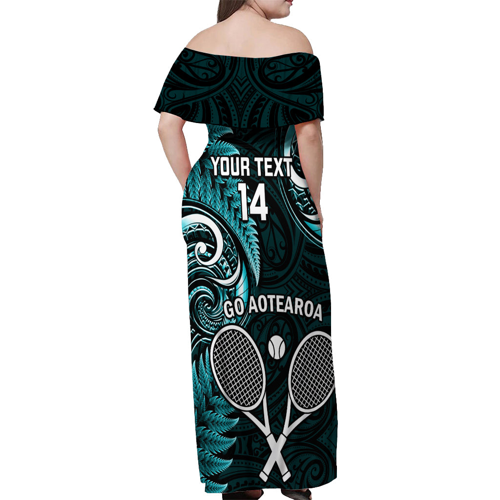 Custom New Zealand Tiki Tennis Off Shoulder Maxi Dress 2024 Aotearoa Tenehi Maori Silver Fern - Turquoise