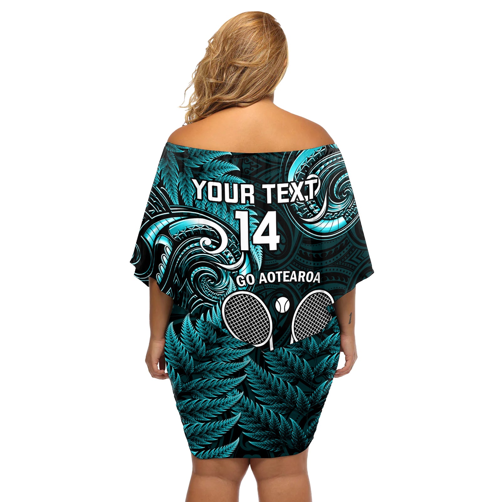 Custom New Zealand Tiki Tennis Off Shoulder Short Dress 2024 Aotearoa Tenehi Maori Silver Fern - Turquoise