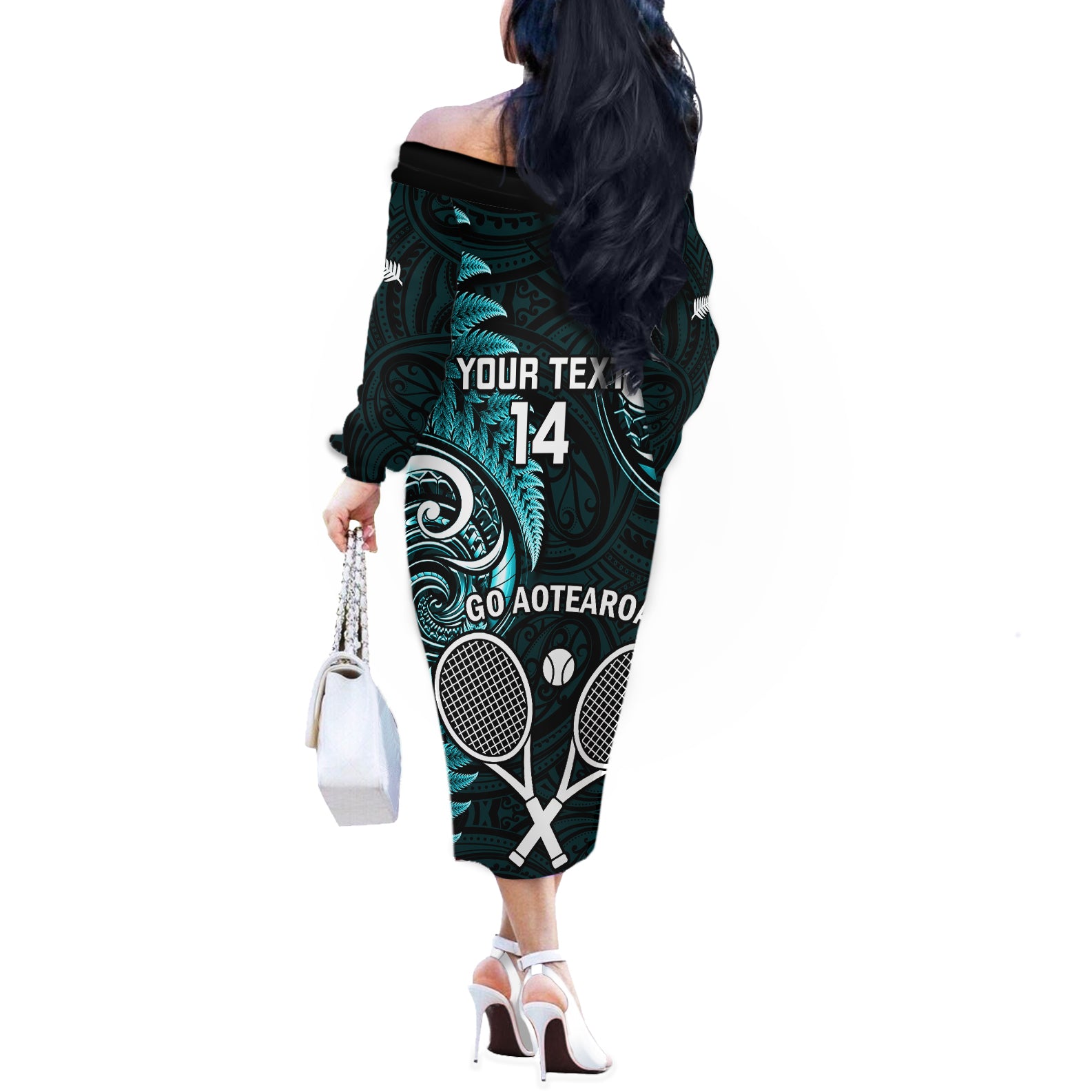 Custom New Zealand Tiki Tennis Off The Shoulder Long Sleeve Dress 2024 Aotearoa Tenehi Maori Silver Fern - Turquoise