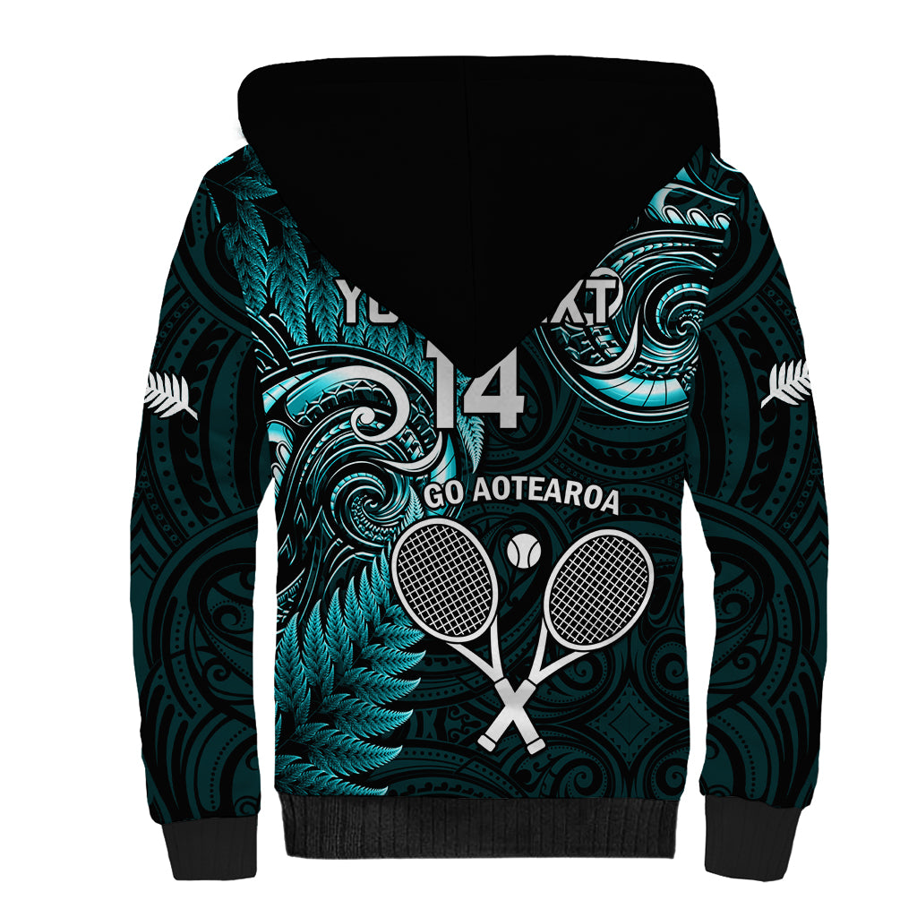 Custom New Zealand Tiki Tennis Sherpa Hoodie 2024 Aotearoa Tenehi Maori Silver Fern - Turquoise - Vibe Hoodie Shop