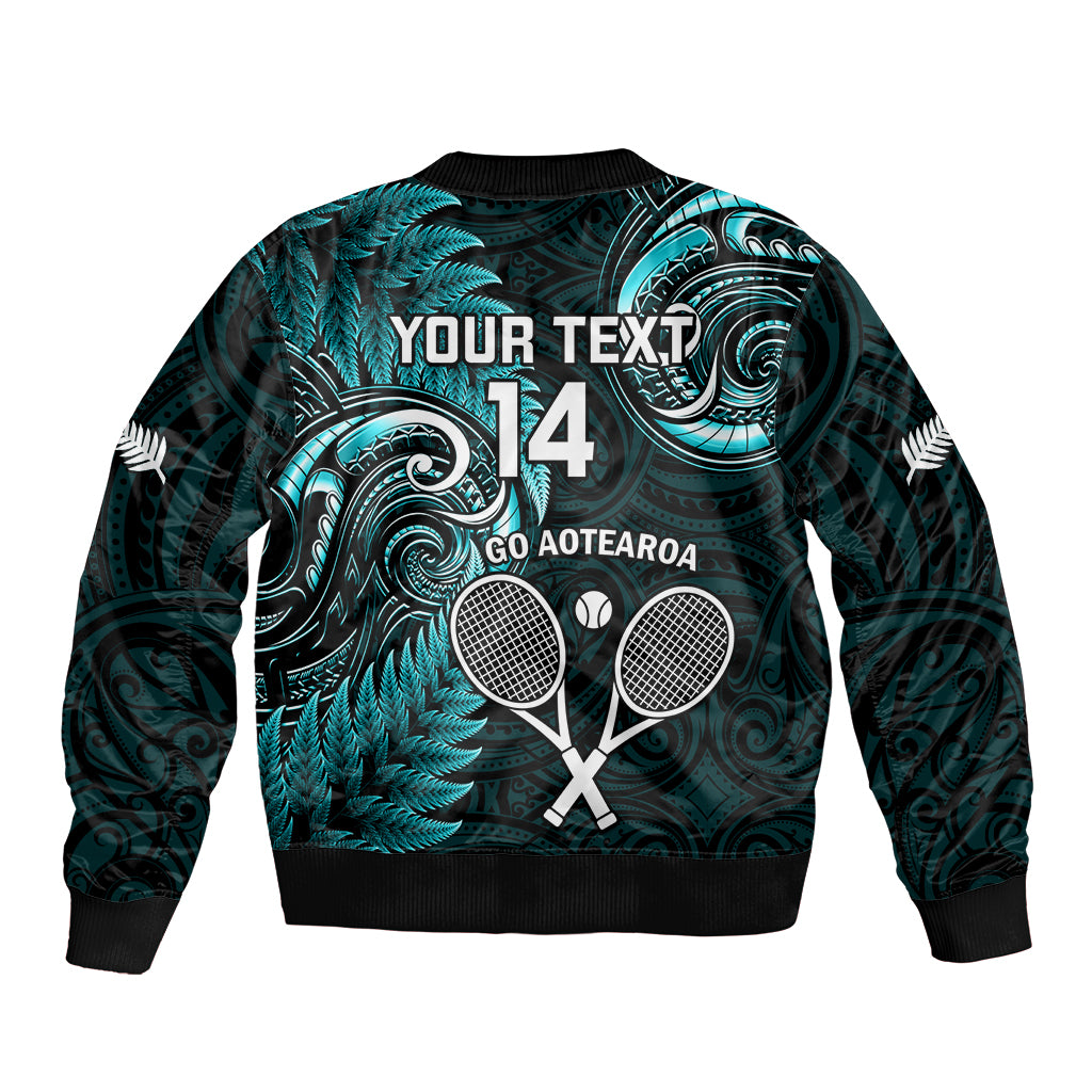 Custom New Zealand Tiki Tennis Sleeve Zip Bomber Jacket 2024 Aotearoa Tenehi Maori Silver Fern - Turquoise