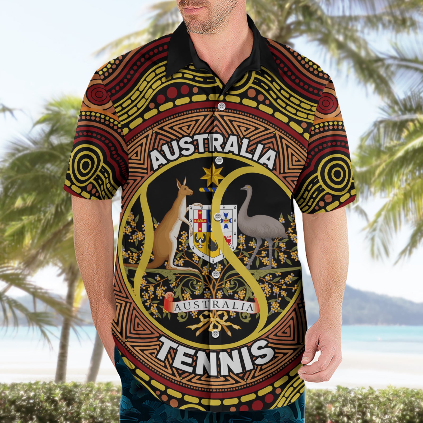 Personalised Australia Tennis Hawaiian Shirt Aussie Indigenous Art - Vibe Hoodie Shop