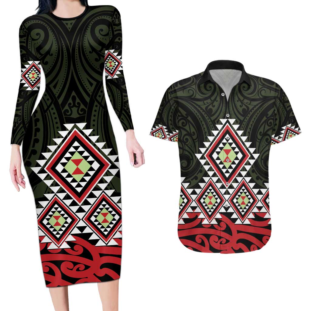 Kia Ora Aotearoa Couples Matching Long Sleeve Bodycon Dress and Hawaiian Shirt 2025 Pasifika Maori Taniko Motifs