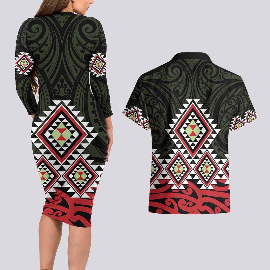 Kia Ora Aotearoa Couples Matching Long Sleeve Bodycon Dress and Hawaiian Shirt 2025 Pasifika Maori Taniko Motifs