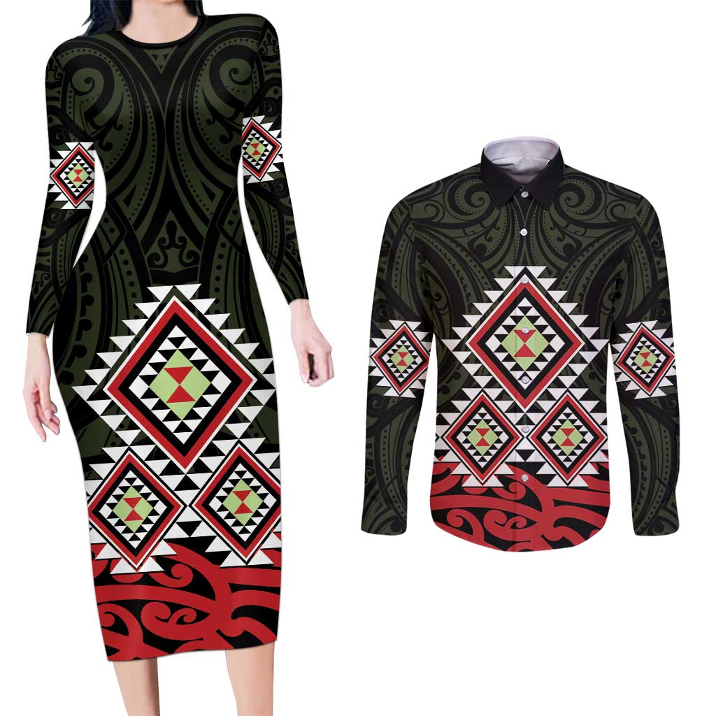 Kia Ora Aotearoa Couples Matching Long Sleeve Bodycon Dress and Long Sleeve Button Shirt 2025 Pasifika Maori Taniko Motifs