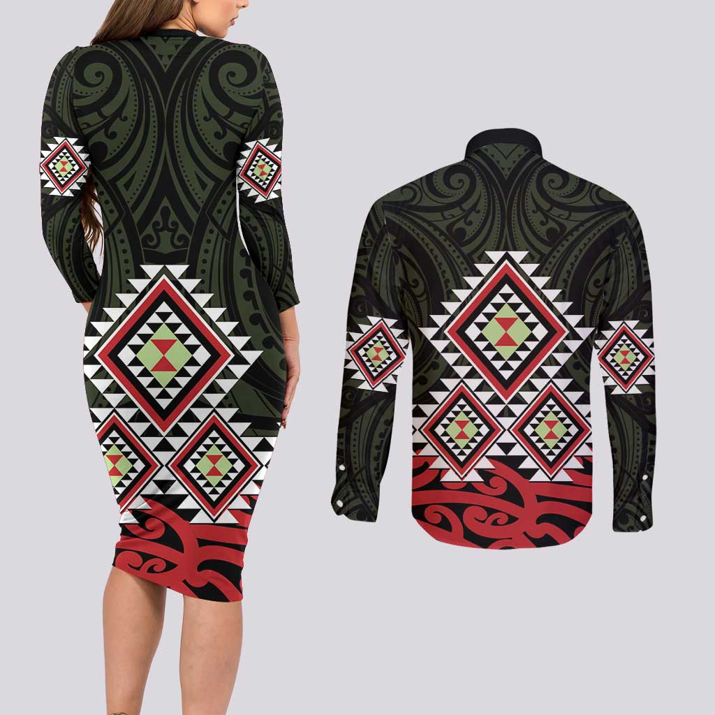 Kia Ora Aotearoa Couples Matching Long Sleeve Bodycon Dress and Long Sleeve Button Shirt 2025 Pasifika Maori Taniko Motifs