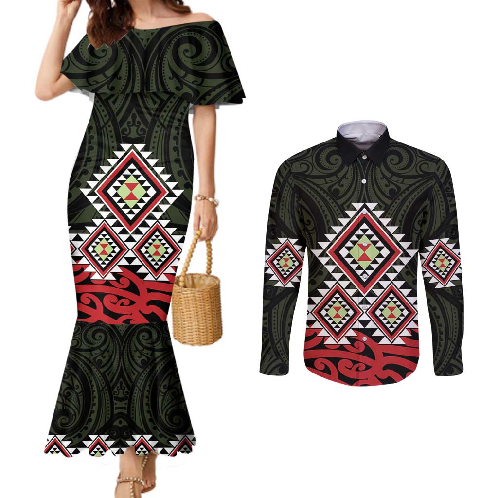 Kia Ora Aotearoa Couples Matching Mermaid Dress and Long Sleeve Button Shirt 2025 Pasifika Maori Taniko Motifs