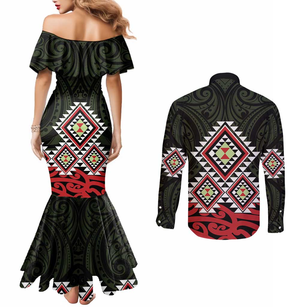 Kia Ora Aotearoa Couples Matching Mermaid Dress and Long Sleeve Button Shirt 2025 Pasifika Maori Taniko Motifs