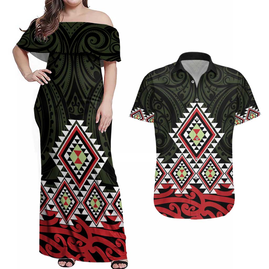 Kia Ora Aotearoa Couples Matching Off Shoulder Maxi Dress and Hawaiian Shirt 2025 Pasifika Maori Taniko Motifs